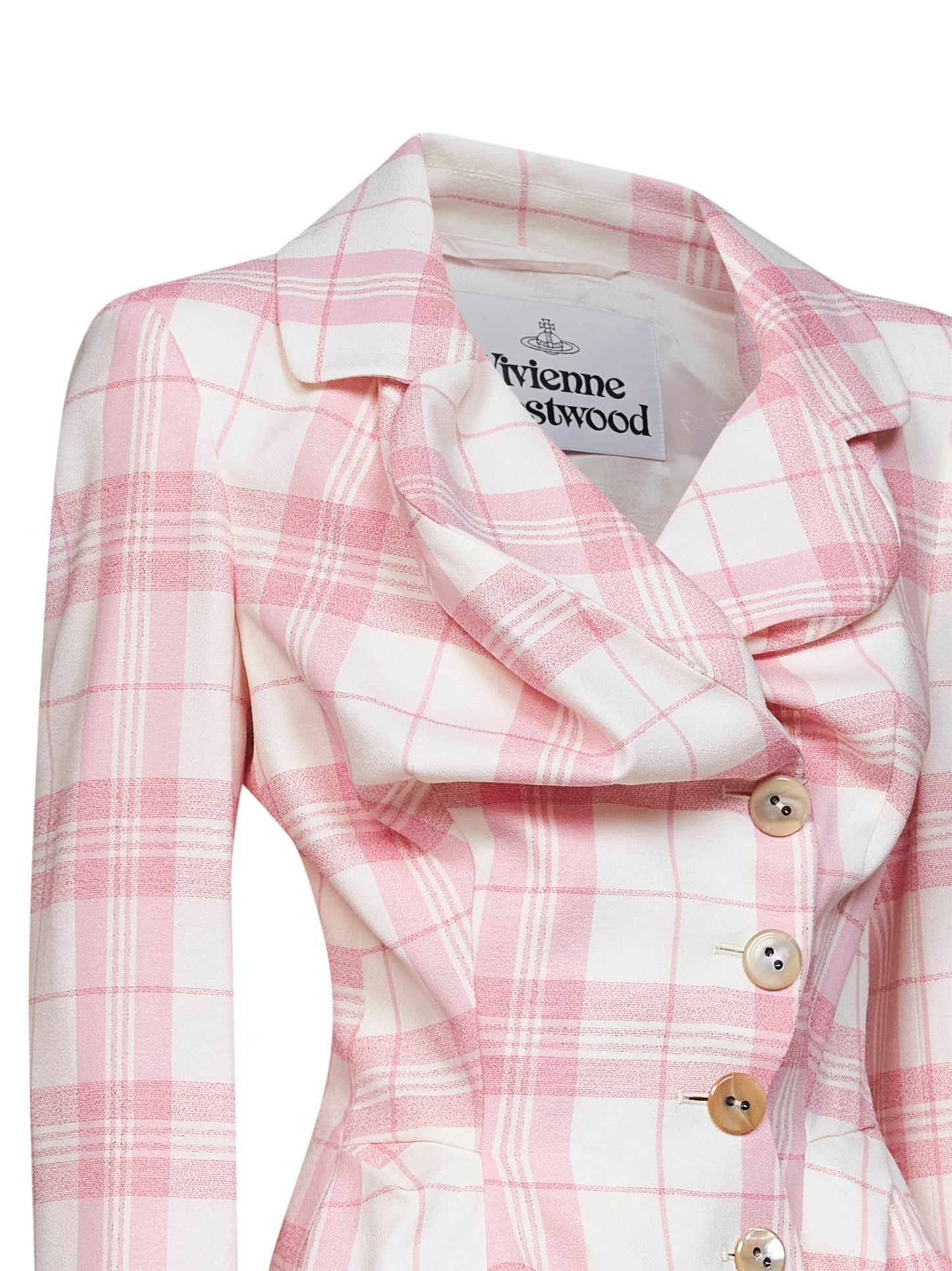 Giacca Drunken in tartan di lana vergine avorio e rosa