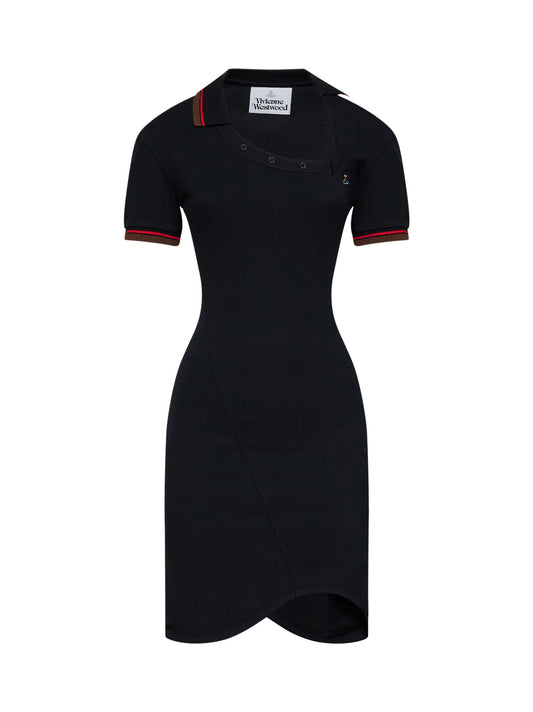 Miniabito polo asimmetrico Glory in piquet di cotone nero