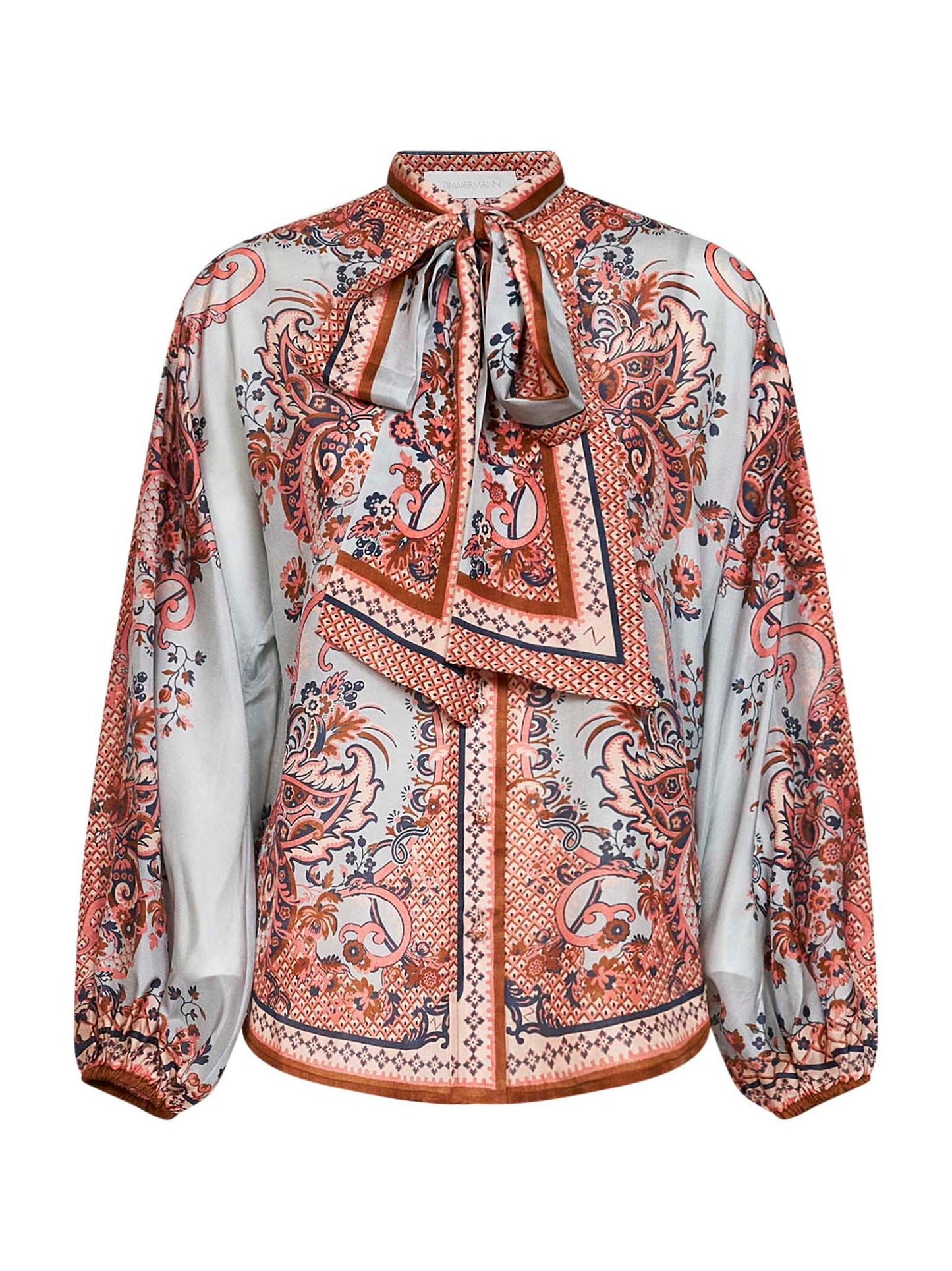 Camicetta con fiocco Aster in habotai di seta stampa Paisley floreale blu