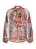 Camicetta con fiocco Aster in habotai di seta stampa Paisley floreale blu