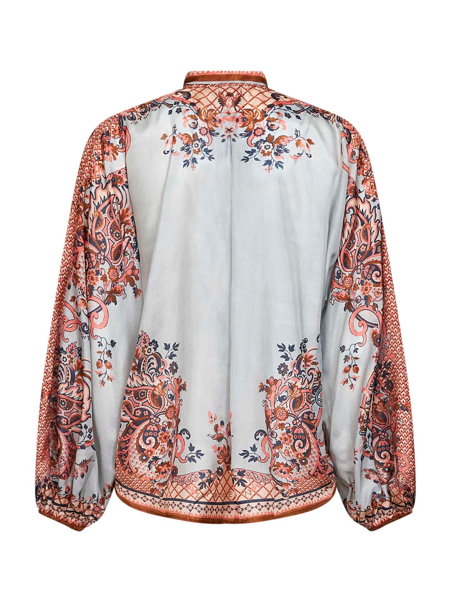 Camicetta con fiocco Aster in habotai di seta stampa Paisley floreale blu
