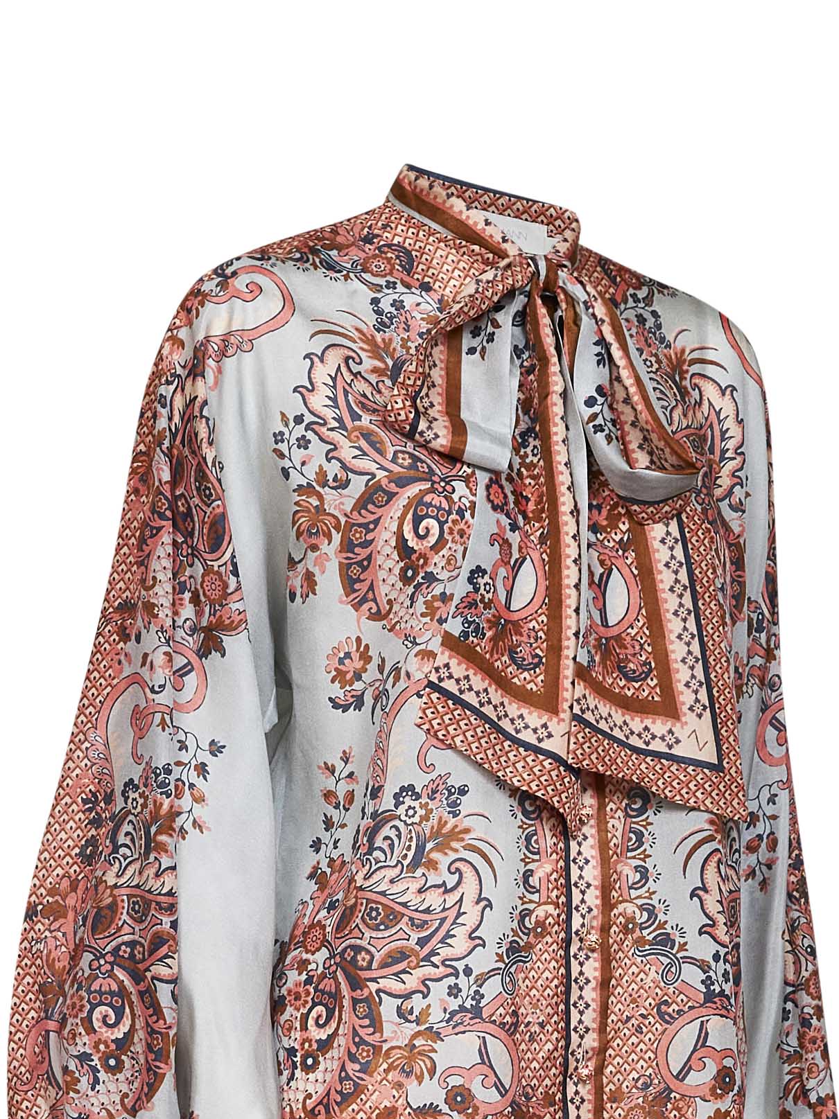 Camicetta con fiocco Aster in habotai di seta stampa Paisley floreale blu