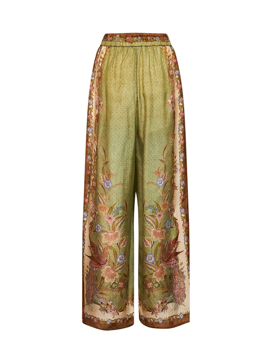 Pantaloni comodi Indra in habotai di seta stampa Scarf floreale kaki