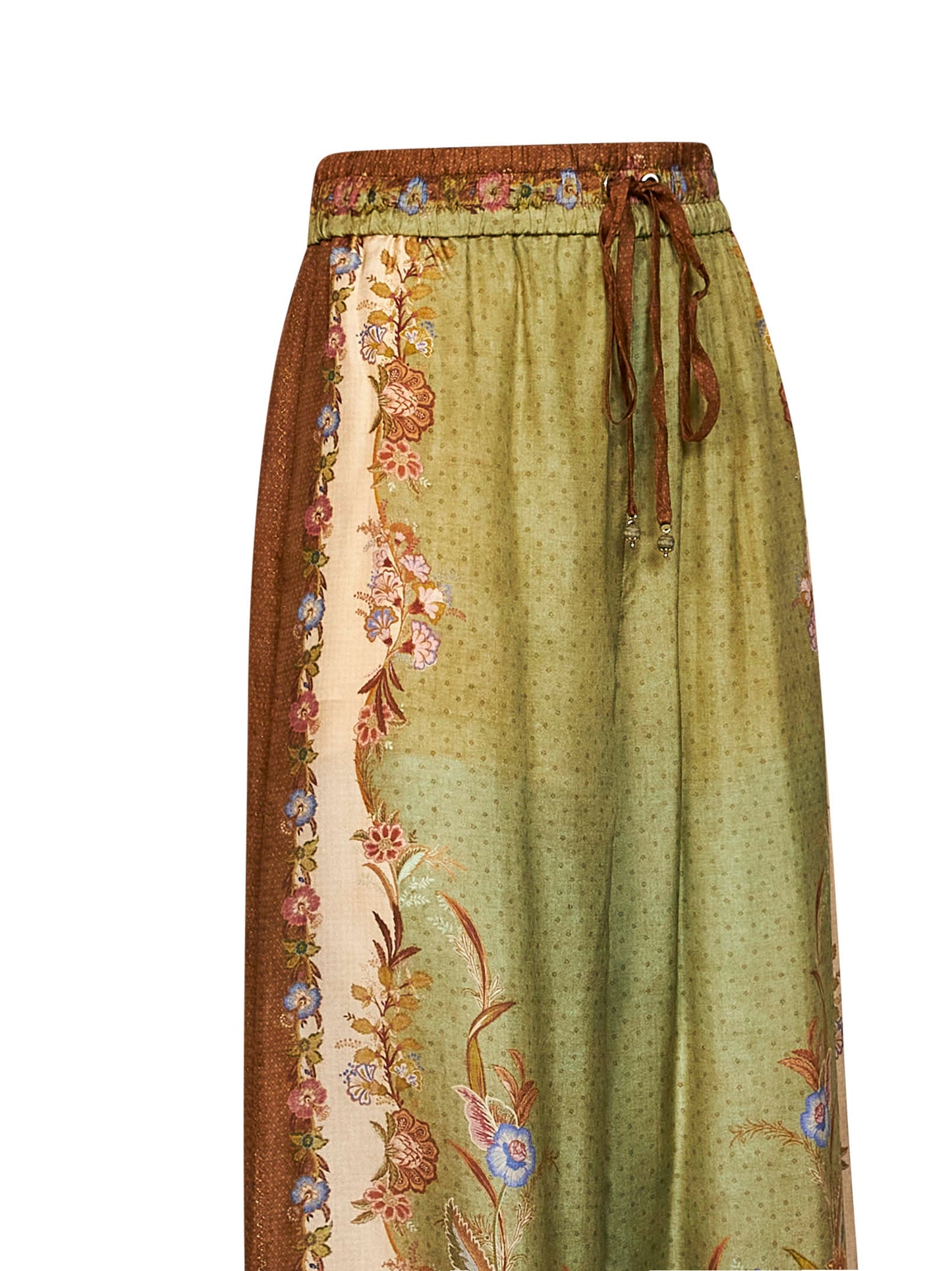 Pantaloni comodi Indra in habotai di seta stampa Scarf floreale kaki