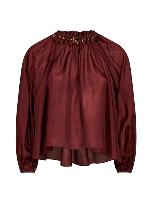 Merlot silk habotai Aster gathered beaded blouse