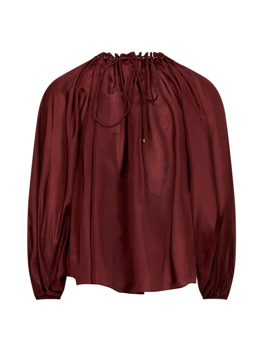 Merlot silk habotai Aster gathered beaded blouse
