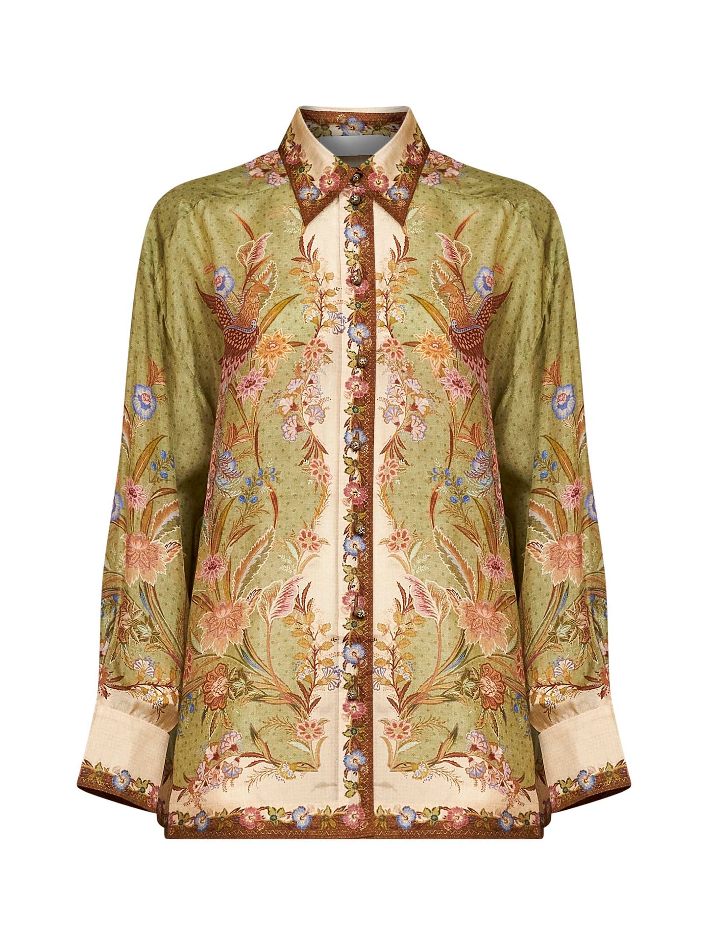 Khaki floral Scarf-print silk habotai Indra relaxed shirt