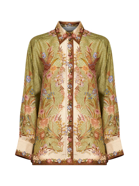 Camicia comoda Indra in habotai di seta stampa Scarf floreale kaki