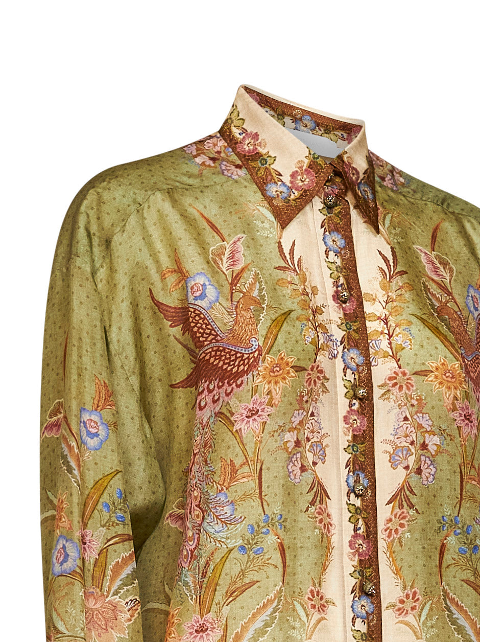 Khaki floral Scarf-print silk habotai Indra relaxed shirt
