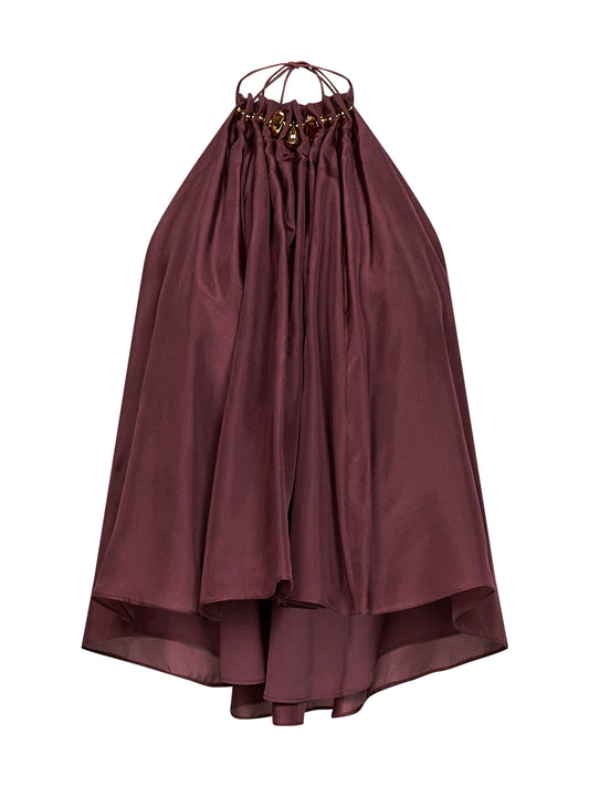 Merlot silk habotai Aster gathered beaded top