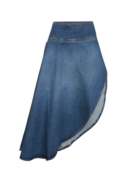 Blue denim asymmetric midi skirt