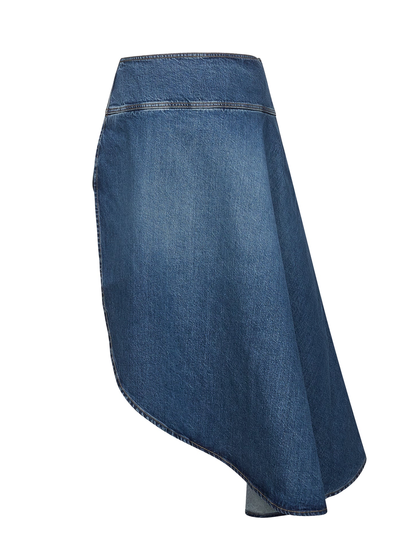 Blue denim asymmetric midi skirt
