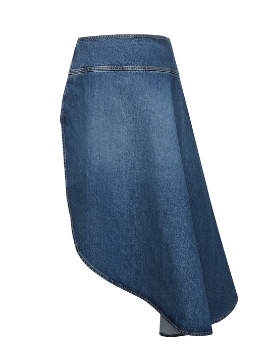 Blue denim asymmetric midi skirt