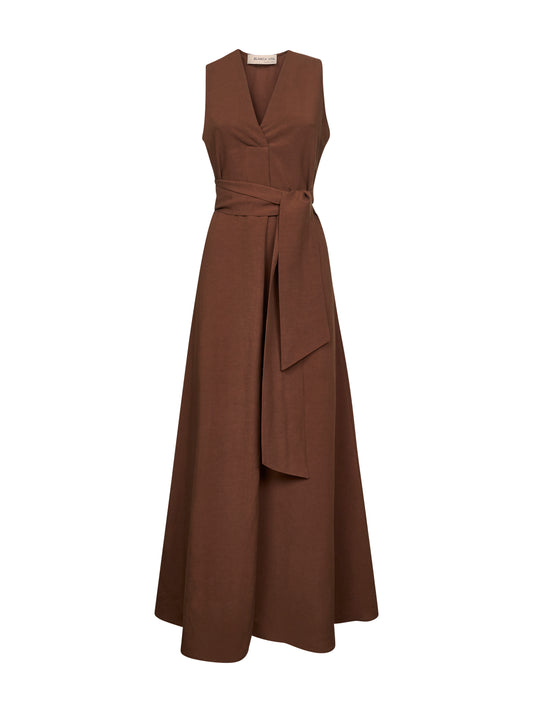 Brown viscose and linen Alongi long dress