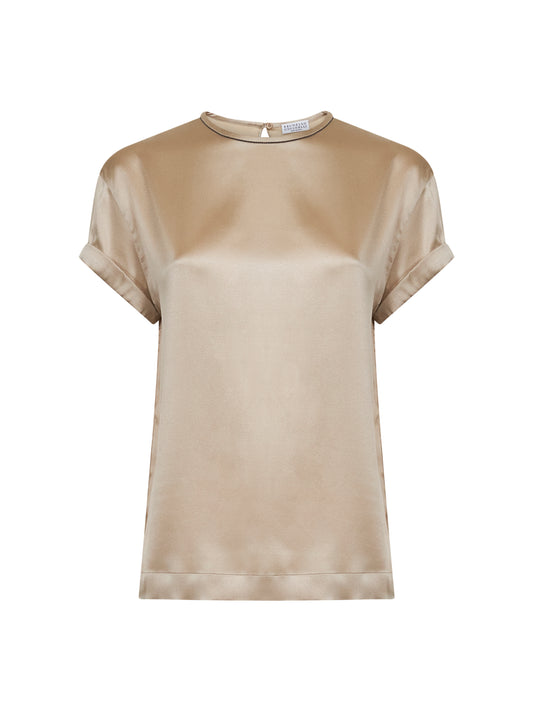 Beige stretch silk satin monili blouse
