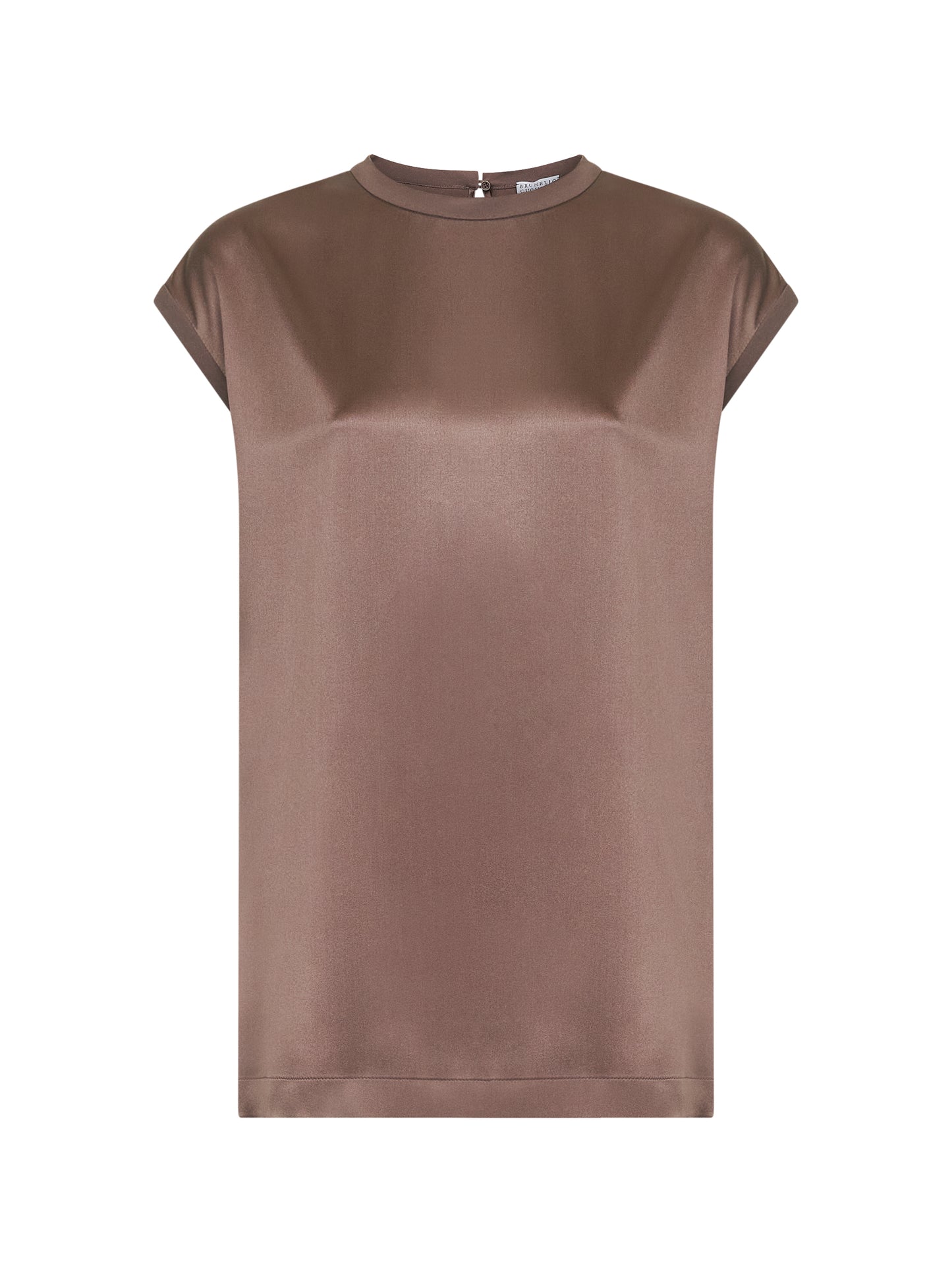 Top in raso di seta stretch marrone con monile
