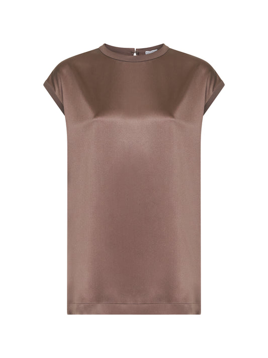 Top in raso di seta stretch marrone con monile