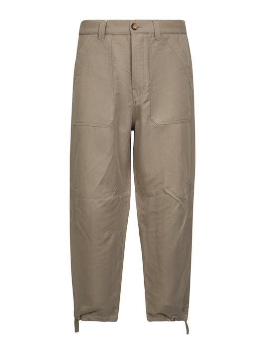 Pantaloni relaxed fit in drill di cotone e lino kaki
