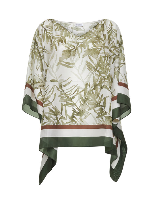 Green Herbarium Print pongée top with monili