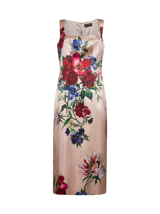 Pink Floral print stretch satin sheath dress