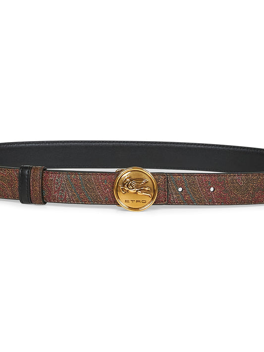 Cintura reversibile in pelle e tela Paisley jacquard