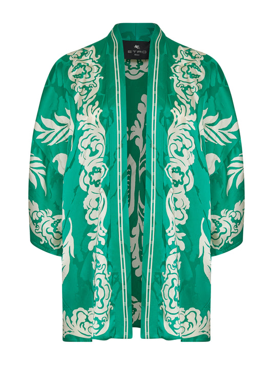 Green floral jacquard viscose short kesa