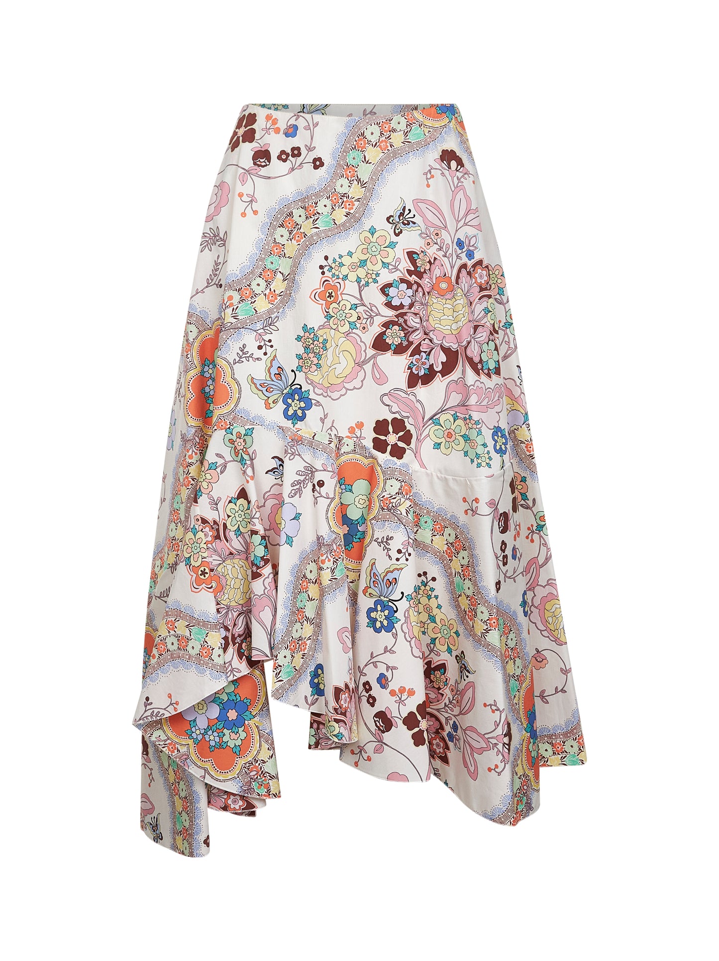 Gonna midi asimmetrica in cotone stampa fiori e farfalle