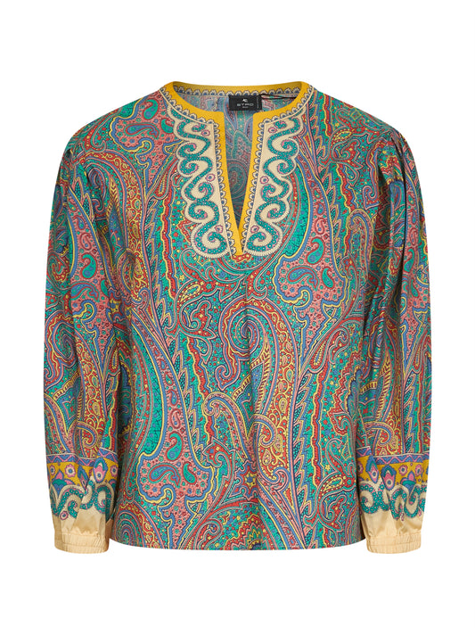 Paisley print stretch cotton poplin blouse
