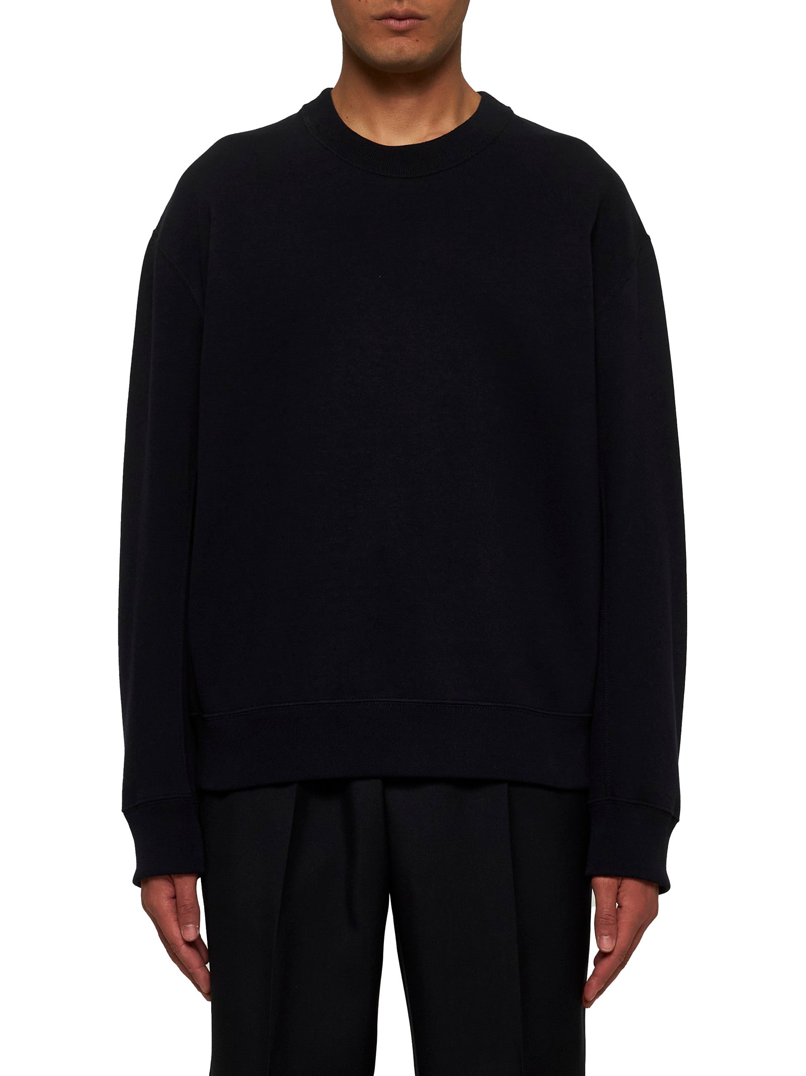 Blue cotton crewneck sweatshirt with logo label on the