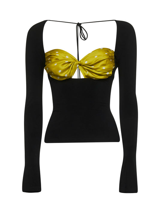 Top drappeggiato nero con inserto in seta