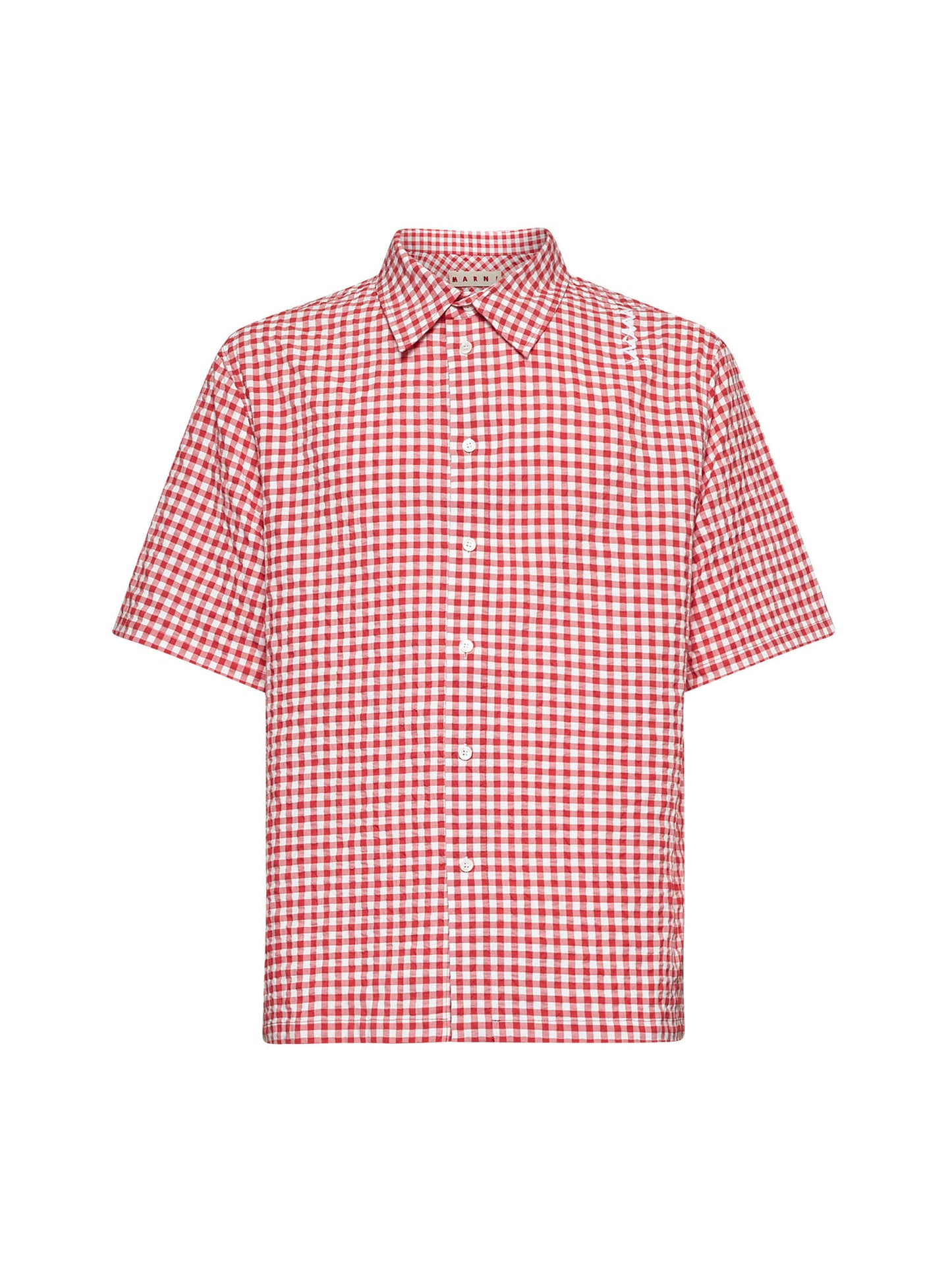 Red and white checked seersucker shirt