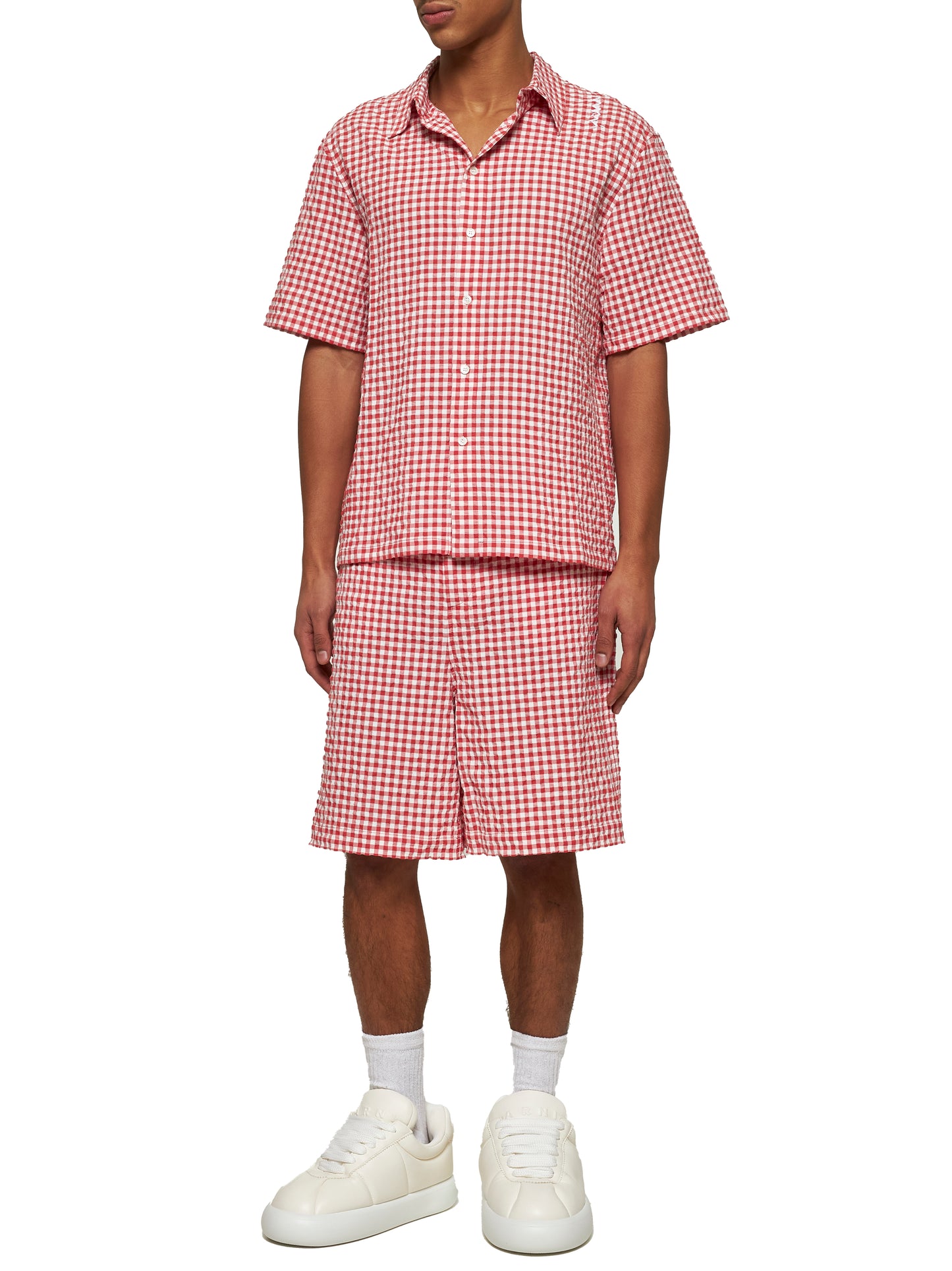 Red and white checked seersucker shirt