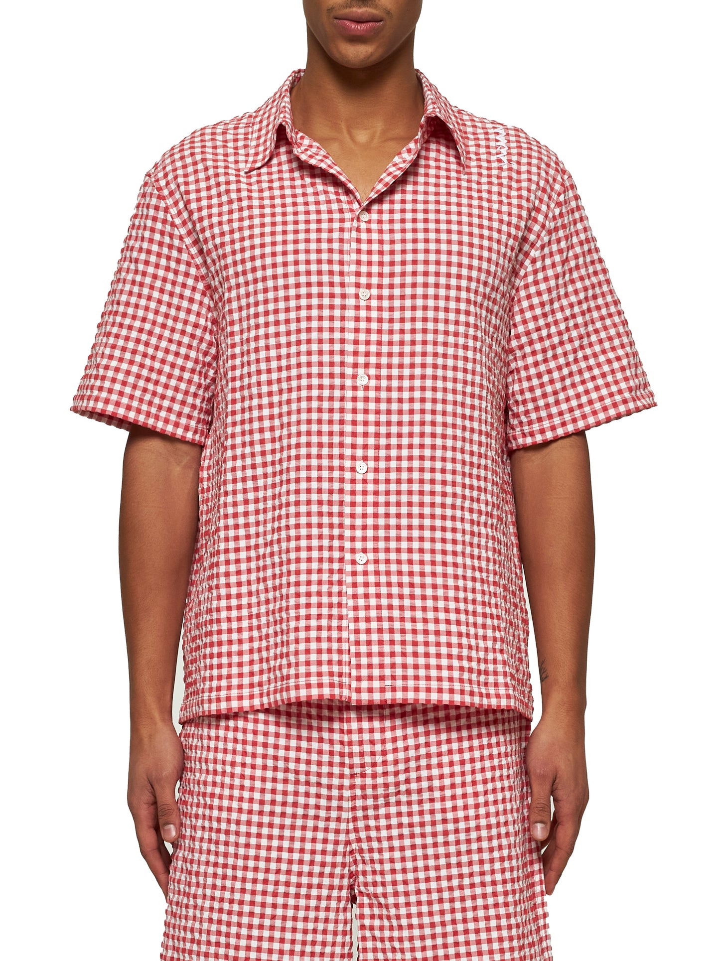 Red and white checked seersucker shirt