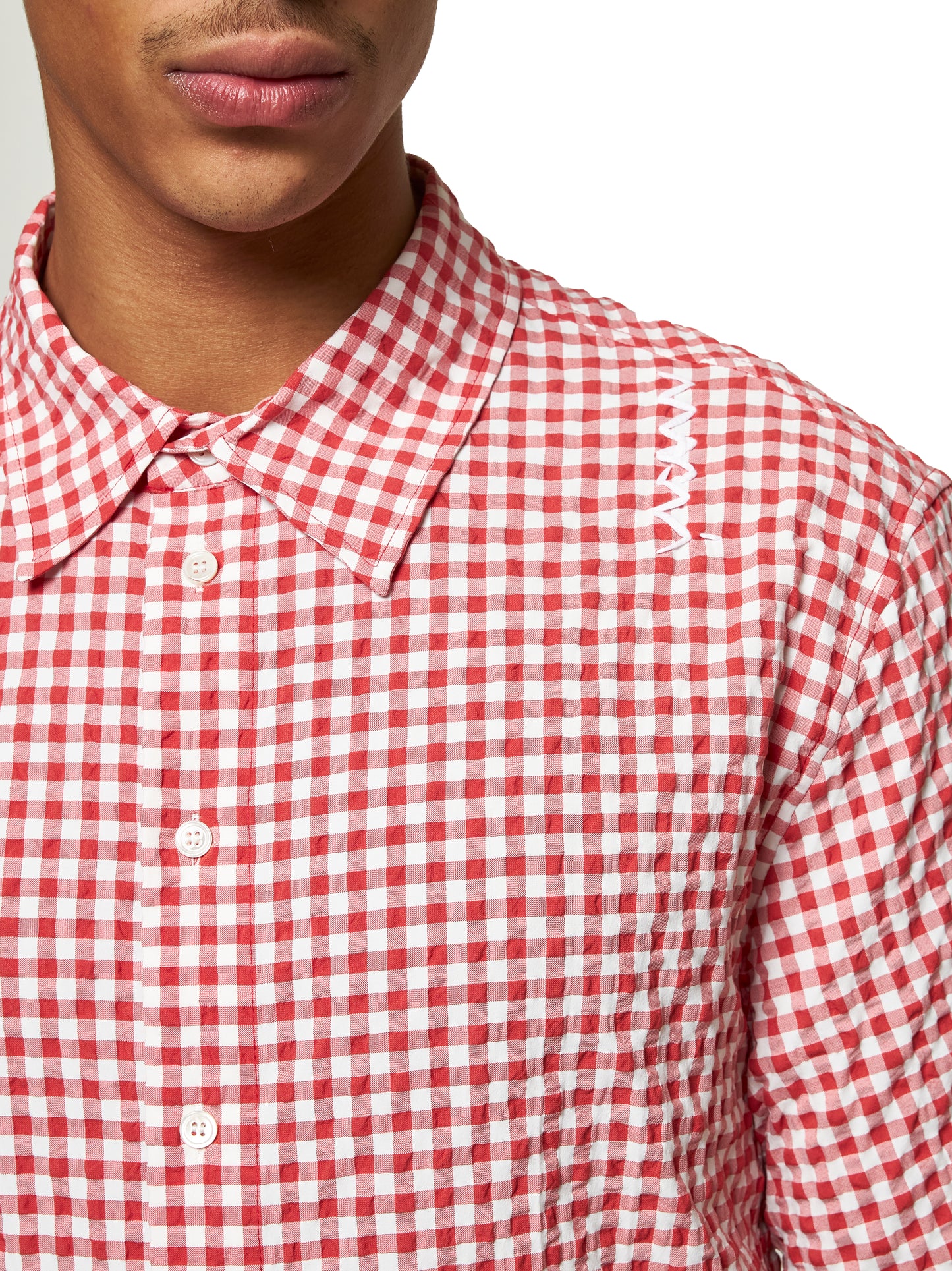 Red and white checked seersucker shirt