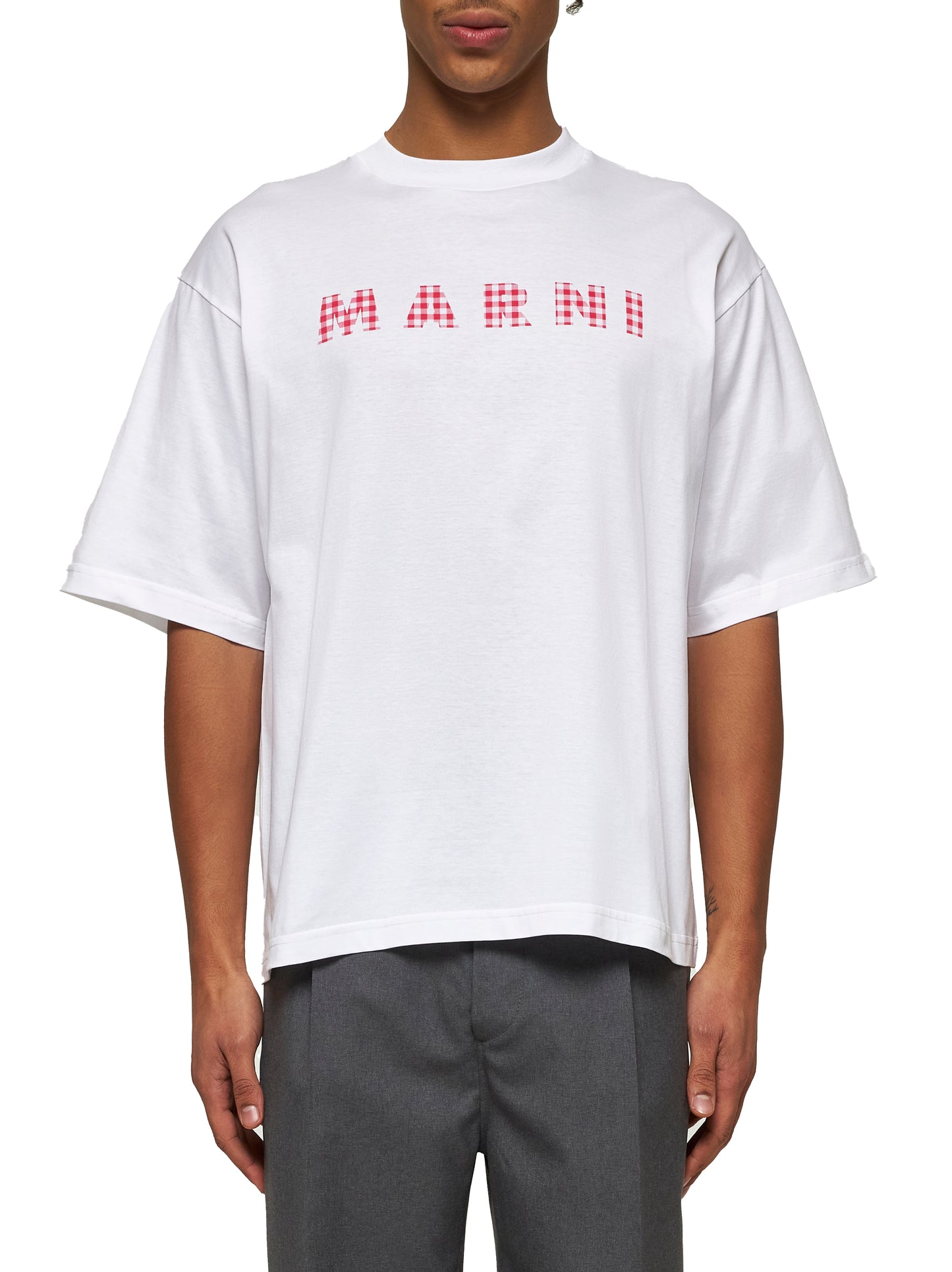 T-shirt in jersey bianco con logo Marni a quadretti