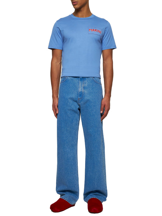 Jeans a gamba larga in denim biologico blu