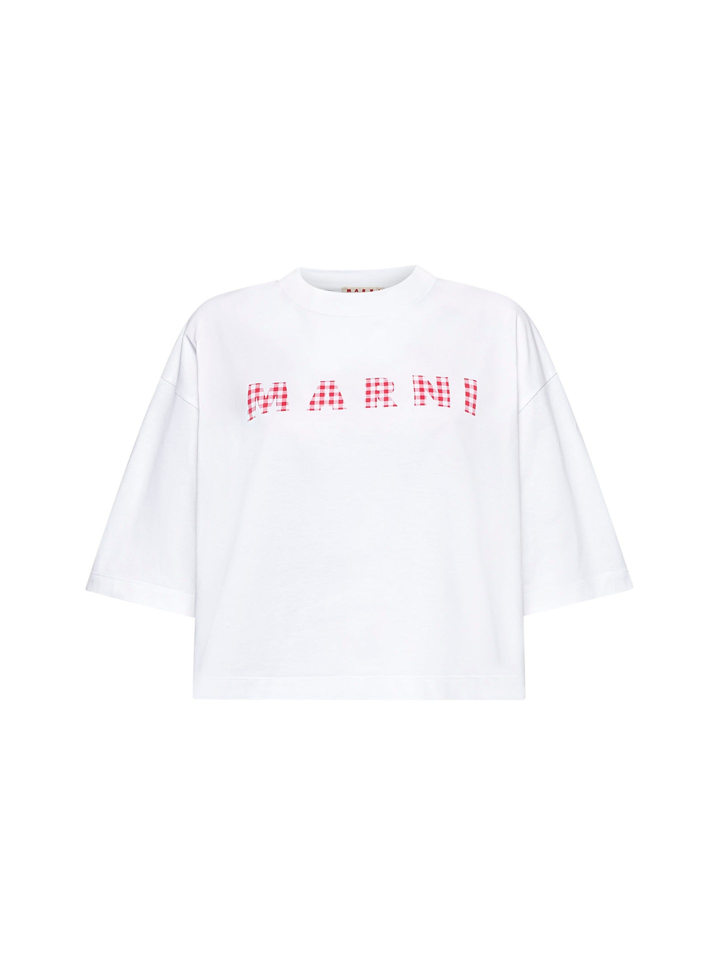 T-shirt in jersey bianco con logo Marni a quadretti