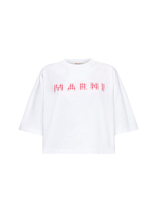T-shirt in jersey bianco con logo Marni a quadretti