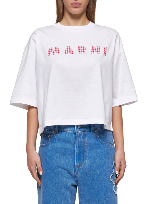 T-shirt in jersey bianco con logo Marni a quadretti