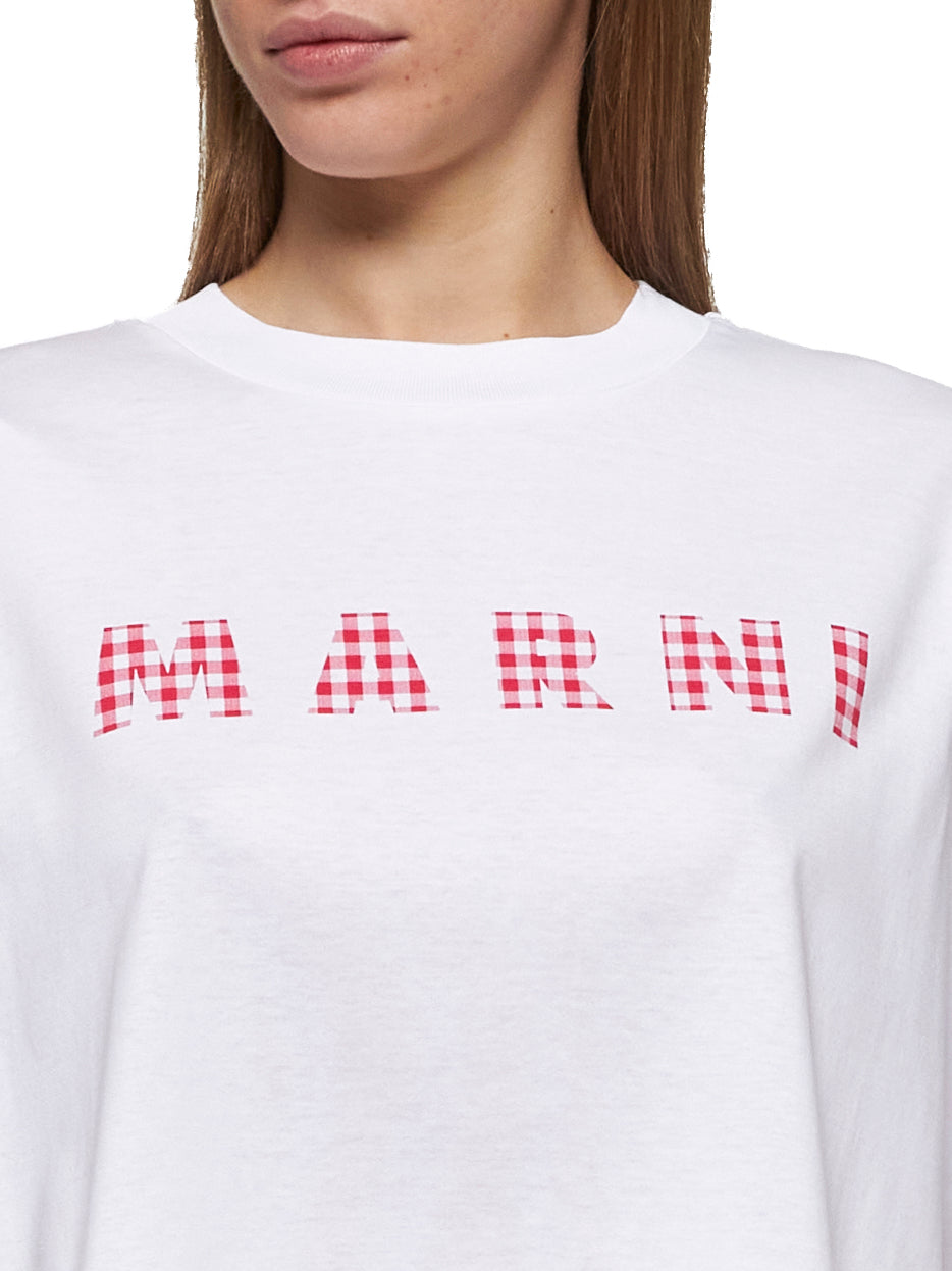 T-shirt in jersey bianco con logo Marni a quadretti