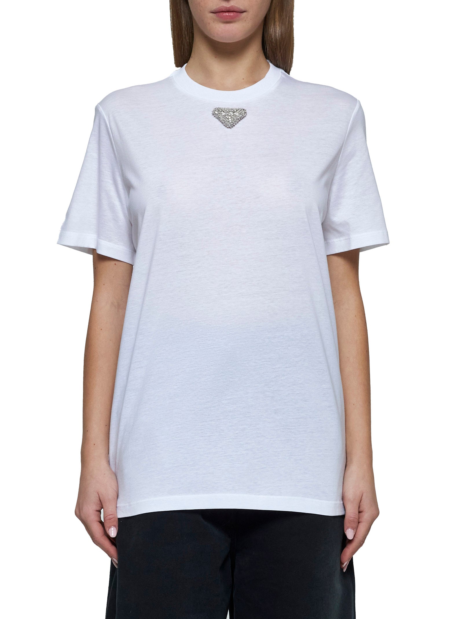 Tシャツ・カットソー PRADA  basic cotton t-shirt with rhinestone logo Prada Cotton T-Shirt | Saks Fifth Avenue