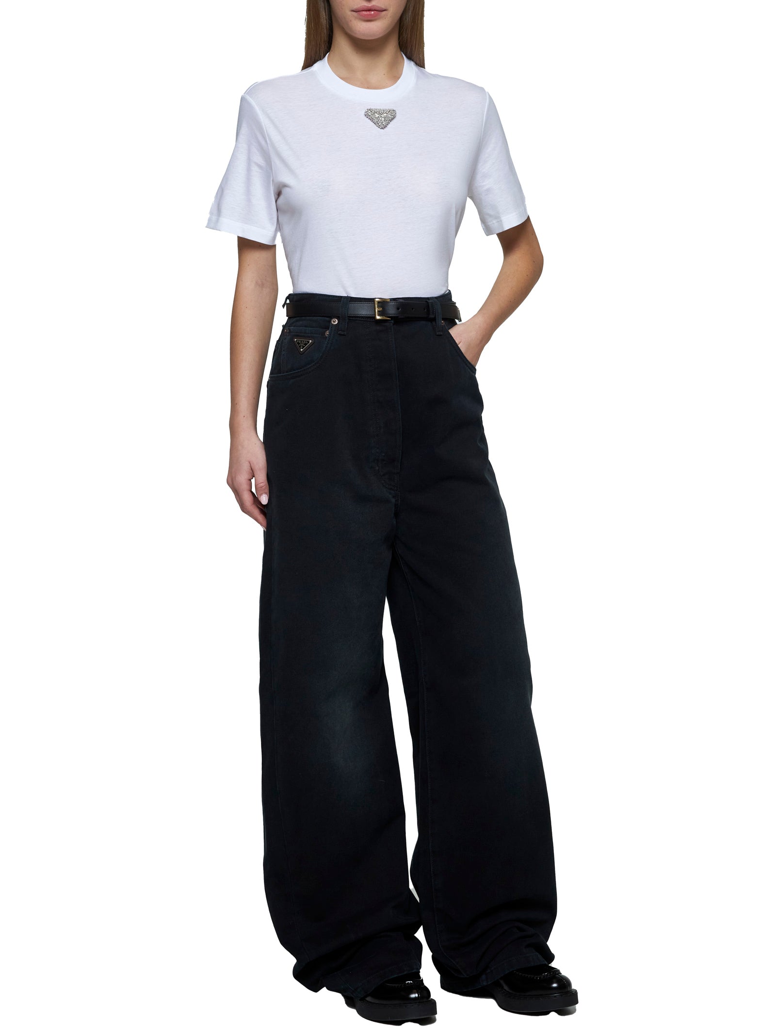 デニム・ジーパン PRADA Woman Jeans Black GFP519148J F0557 Black denim wide leg jeans – Daniello.com