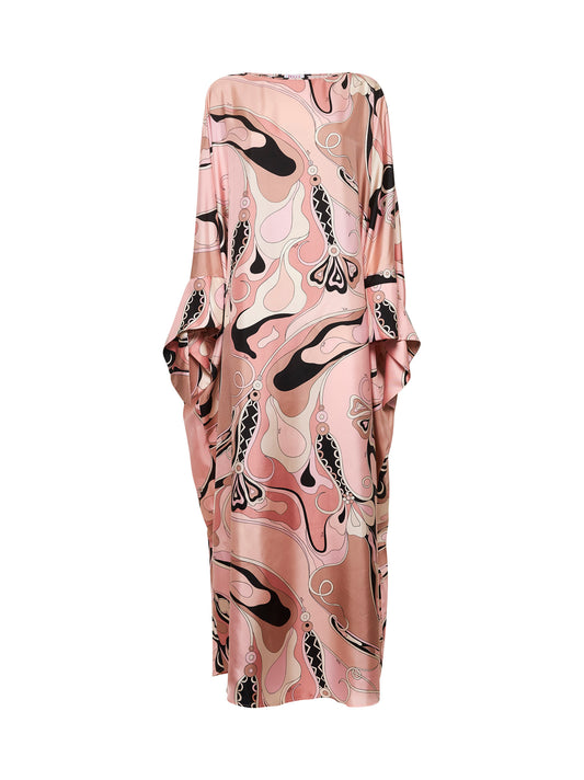 Caftano in twill di seta rosa stampa Orchidee