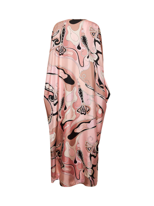 Caftano in twill di seta rosa stampa Orchidee