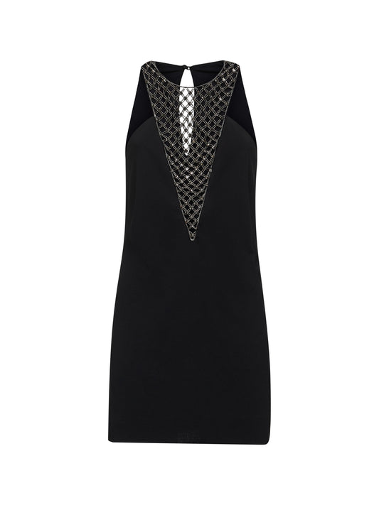 Black sablè mini dress with embroidered neckline