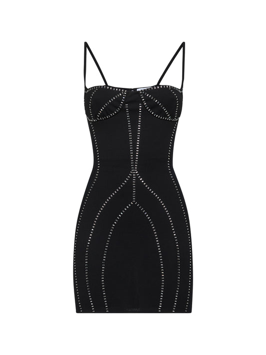Miniabito bustier in sablè nero con thermostrass