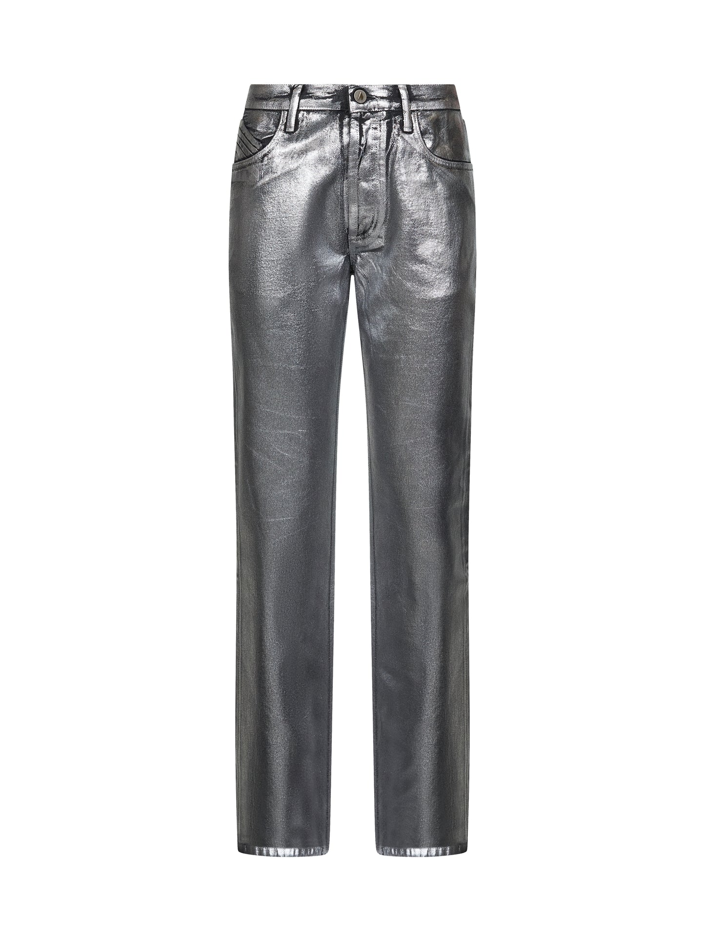 Jeans extra lunghi in denim spalmato argento