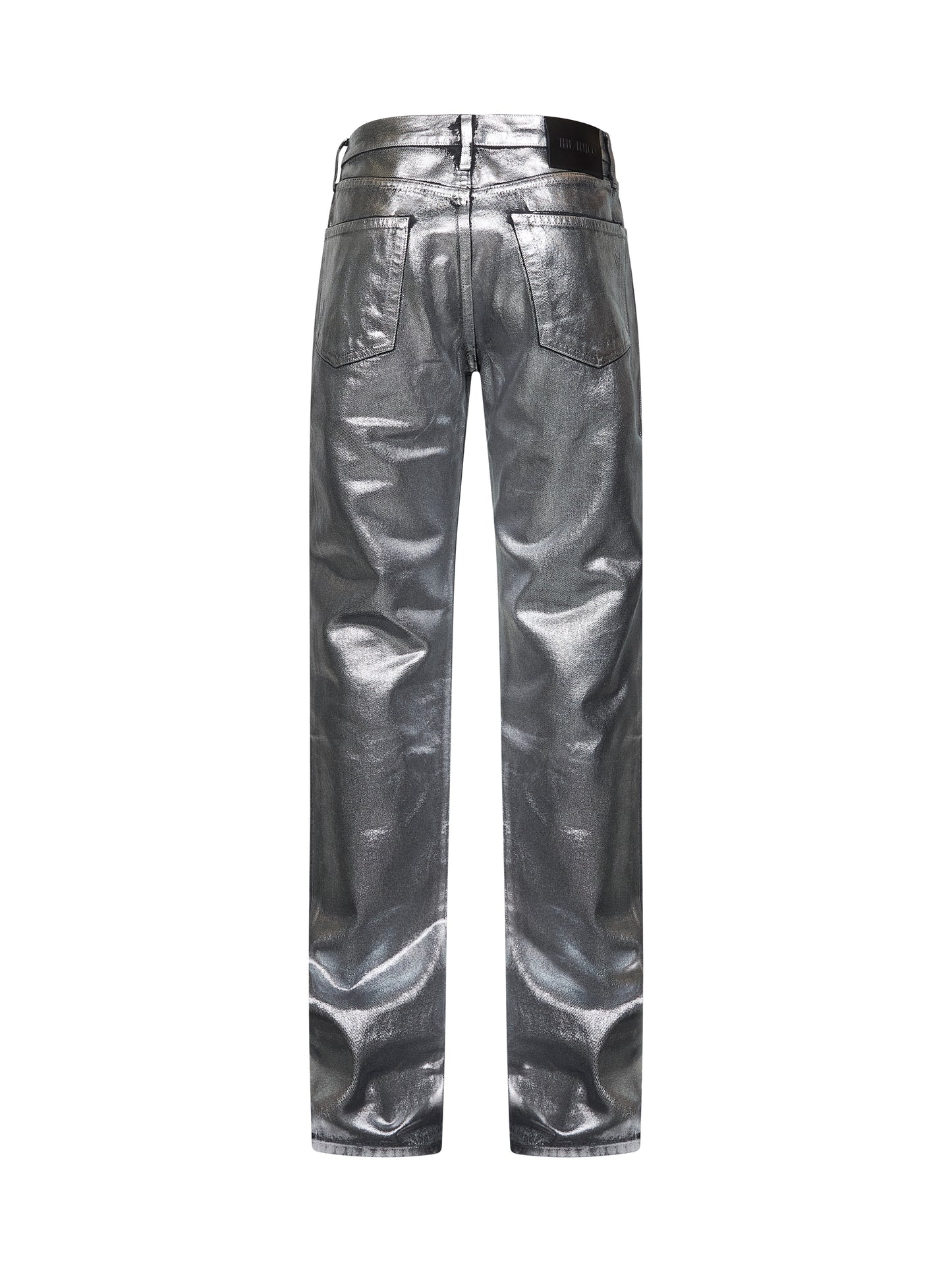 Jeans extra lunghi in denim spalmato argento