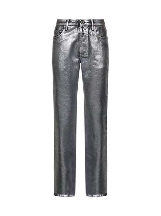 Jeans extra lunghi in denim spalmato argento