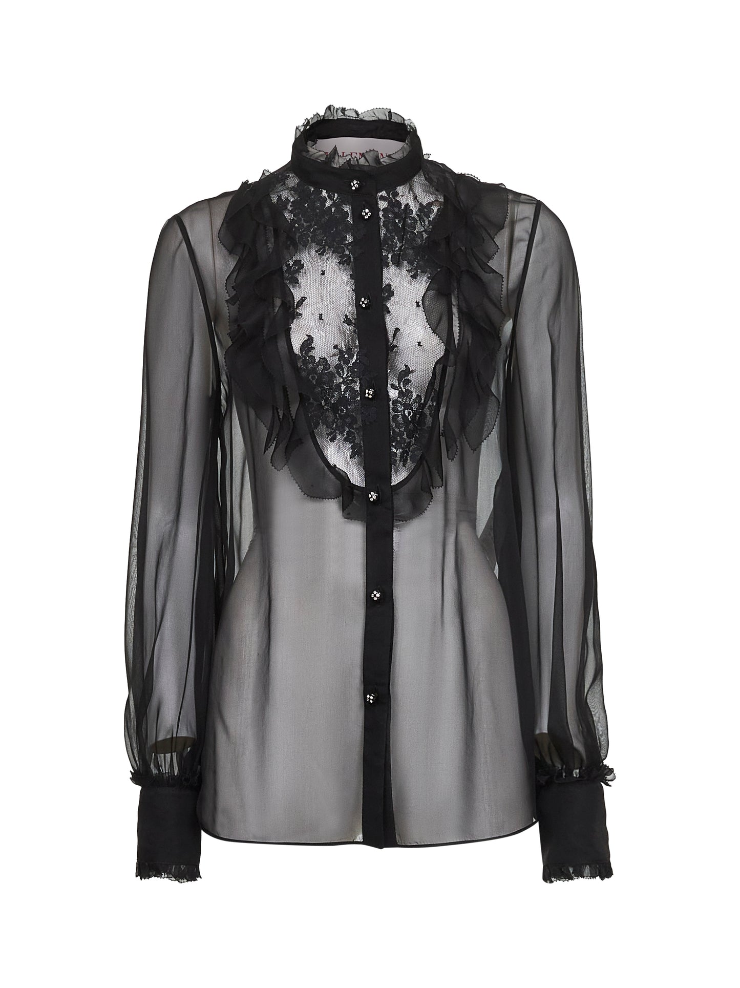 Black silk georgette shirt with lace insert
